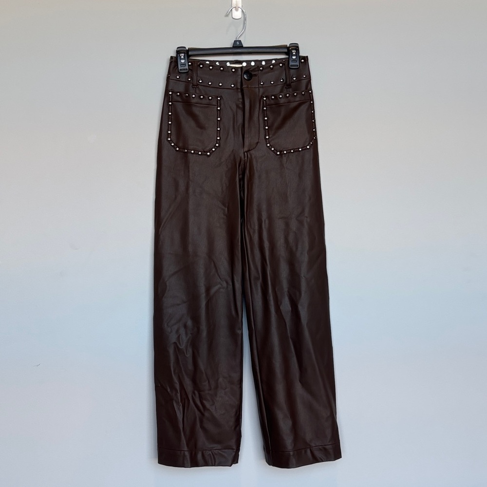 Maeve Dark Brown Leather Pants with Studded Detail